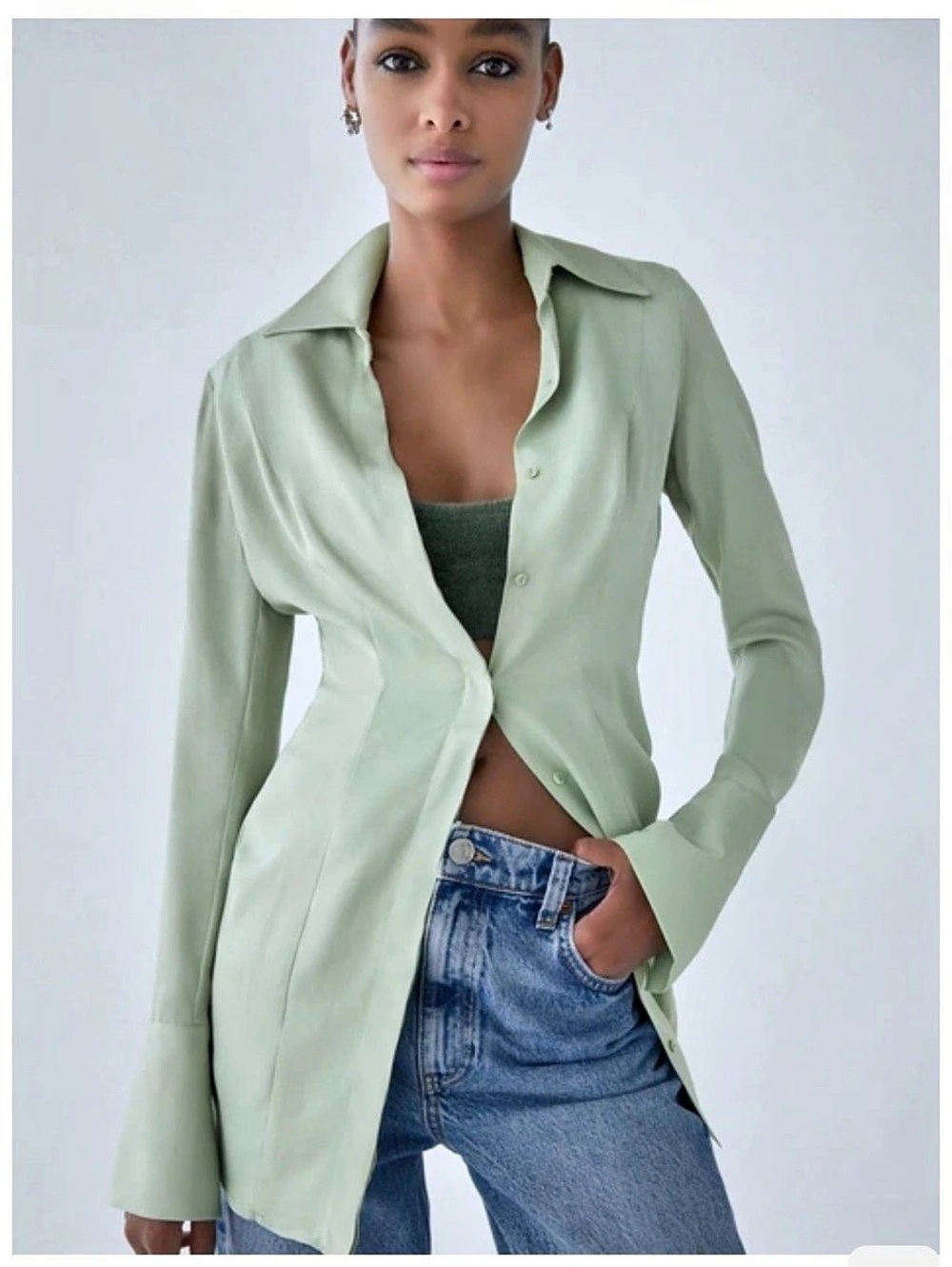 NWT Zara Shoulder Pad Shirt tunic shirt dress Sage Green Size Medium